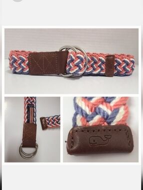 Vineyard Vines Blue, White & Coral Pink Braided Bungee Belt M 36-38